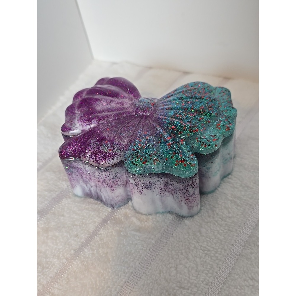Handmade Resin Bow Shaped Trinket Box With Lid Purple Green Glitter 769